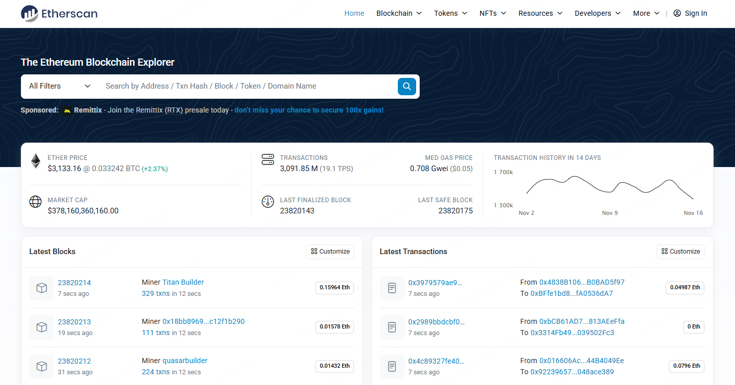 Wallet address searches and transaction lookups, Etherscan